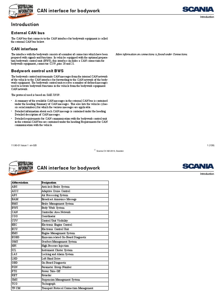 Scania Trucks Fault Codes PDF CAN Interface for Bodywork Transport