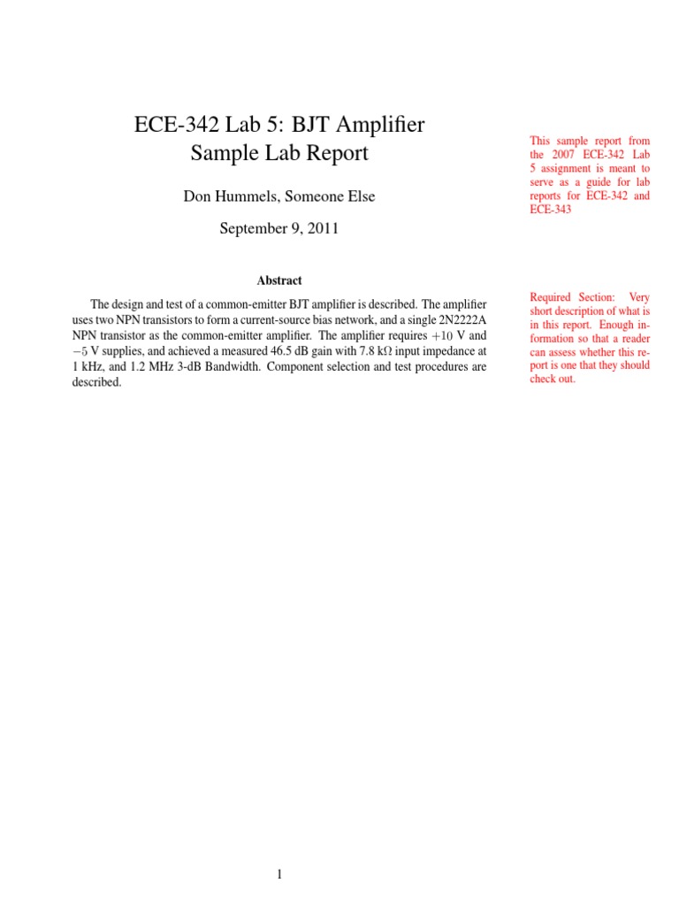ECE342 Lab 5 BJT Amplifier Sample Lab Report Don Hummels, Someone Else September 9, 2011