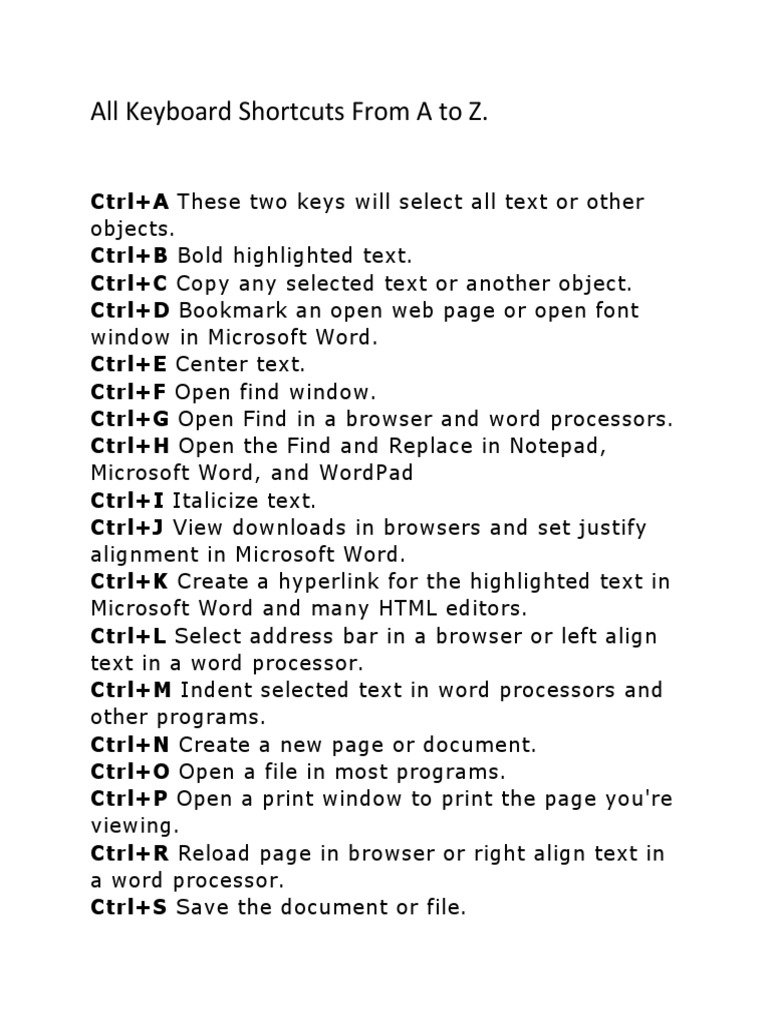 A to Z Computer Shortcut Keys Guide | PDF