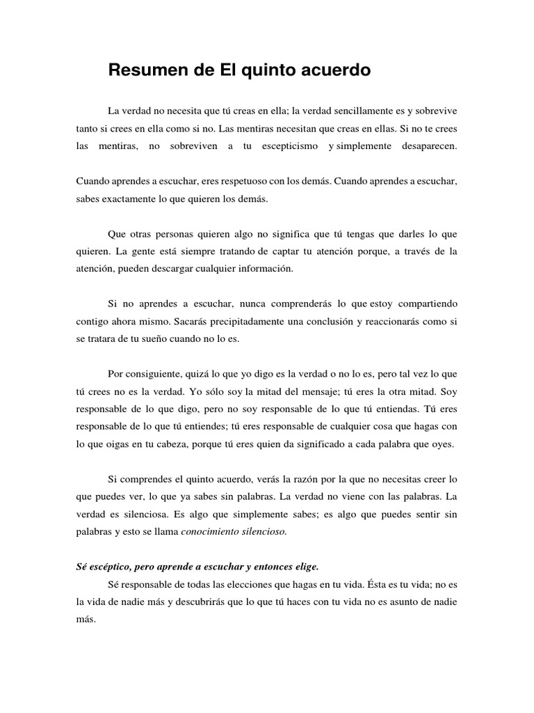 Resumen Del Libro El Quinto Acuerdo Pdf