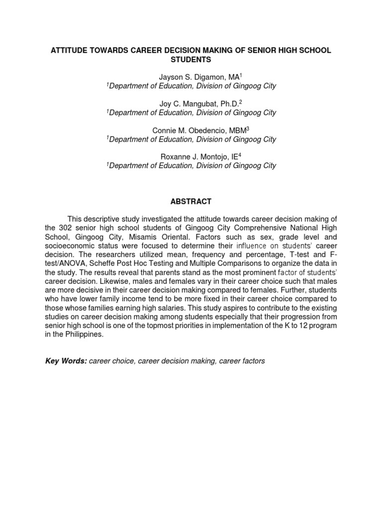 Attitudes on Career Choices in High School | PDF