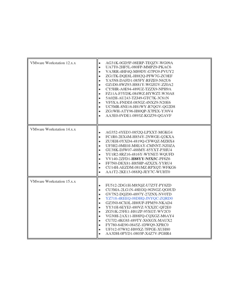 VMware License Keys for Versions 12-15 | PDF