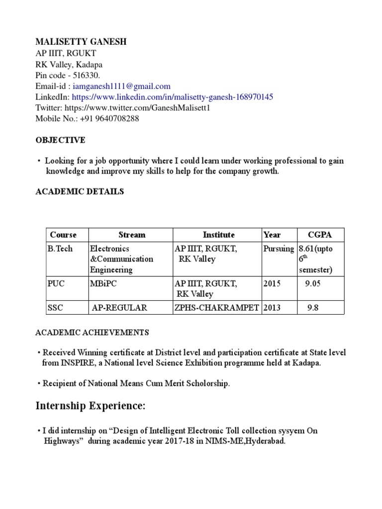 Ap Iiit, Rgukt RK Valley, Kadapa Pin Code 516330. EmailId Linkedin