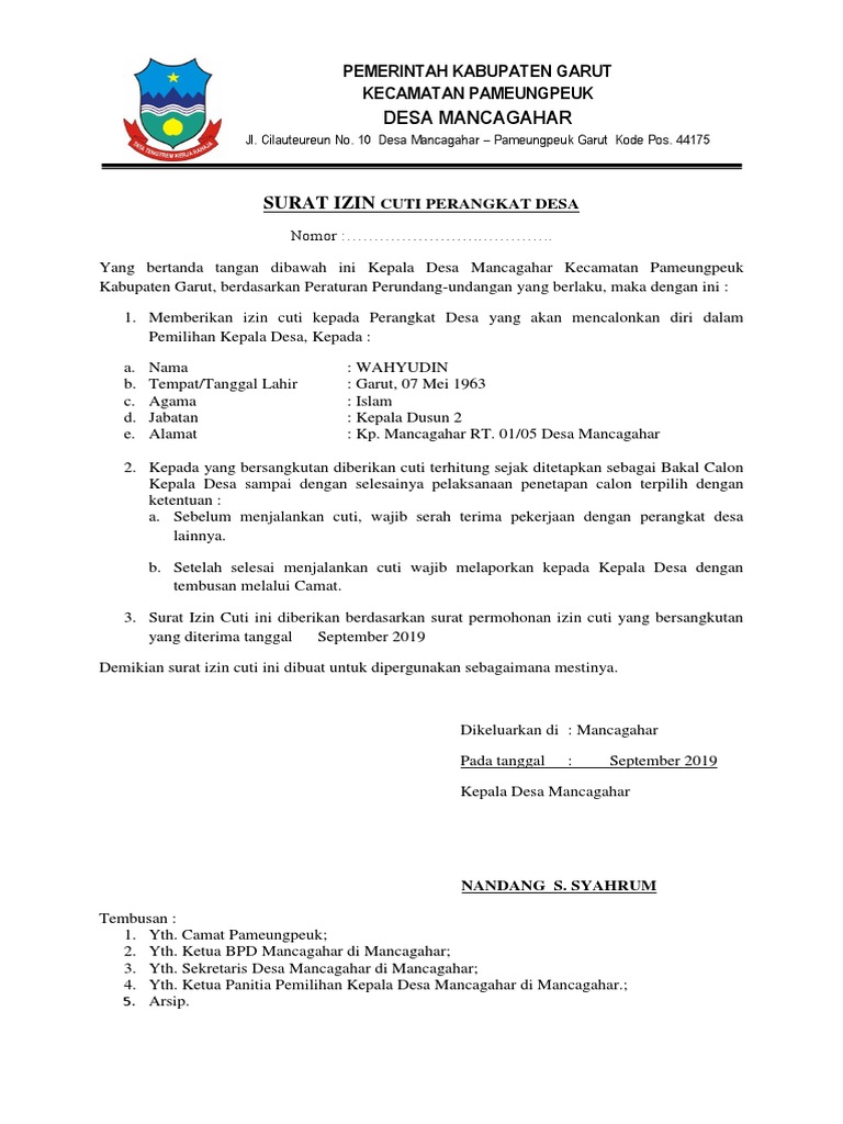 Surat Izin Cuti Perangkat Desa Dari Pj Kepala Desa