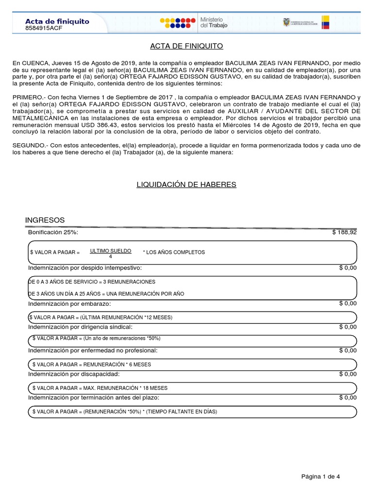 Acta de Finiquito Laboral en Ecuador | PDF | Salario | Economias
