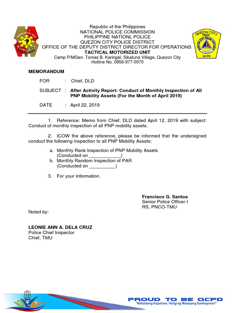 Monthly Inspection Report of PNP Assets | PDF