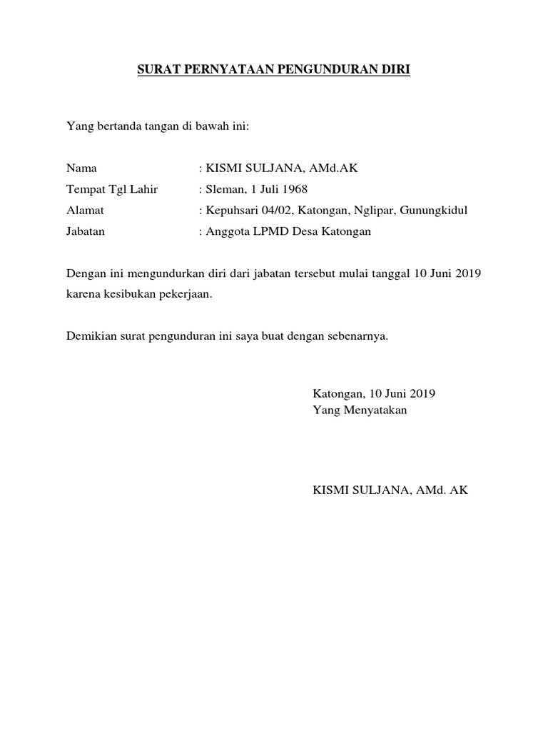 Contoh Surat Pernyataan Pengunduran Diri Contoh Surat