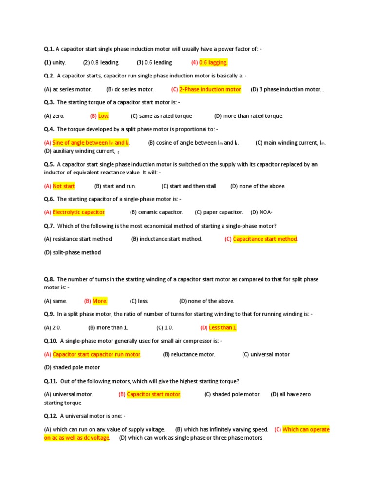 MCQ AC Motors Master PDF Electric Motor Electric Generator
