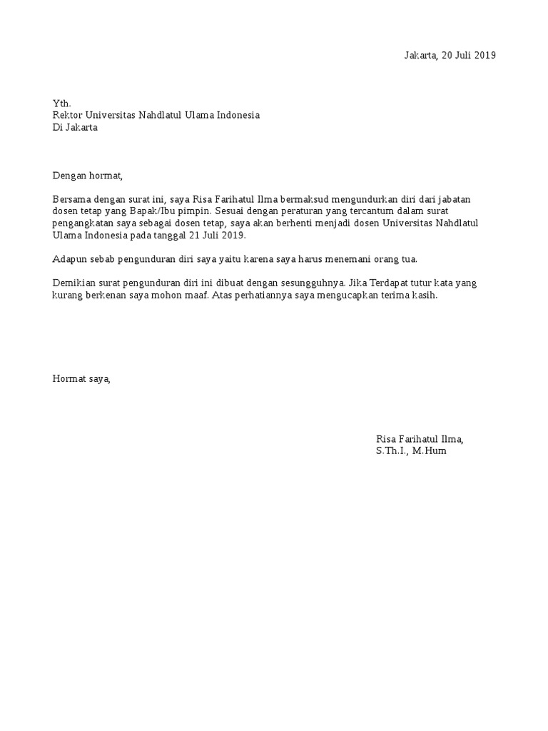 Surat Pengunduran Diri Universitas Sebagai Dosen A4