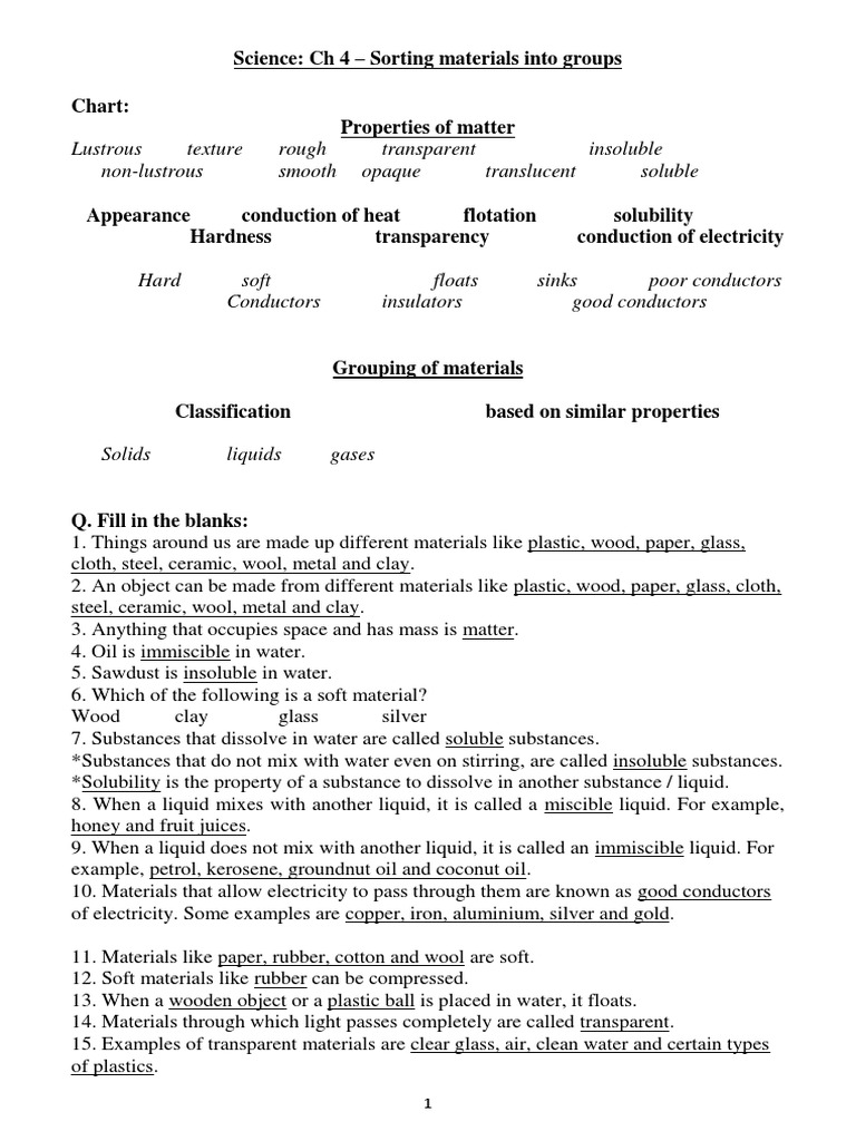Sorting Materials: Properties & Examples | PDF | Solubility | Glasses