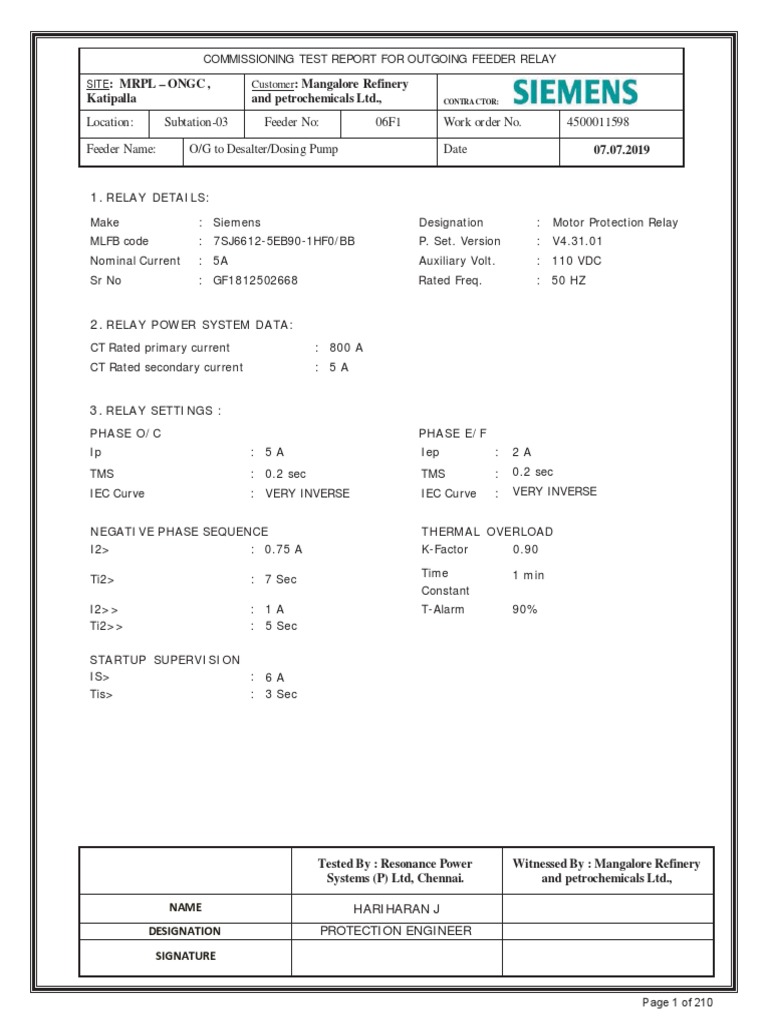 Siemens Relay Test Report for Feeder | PDF | Electric Power ...