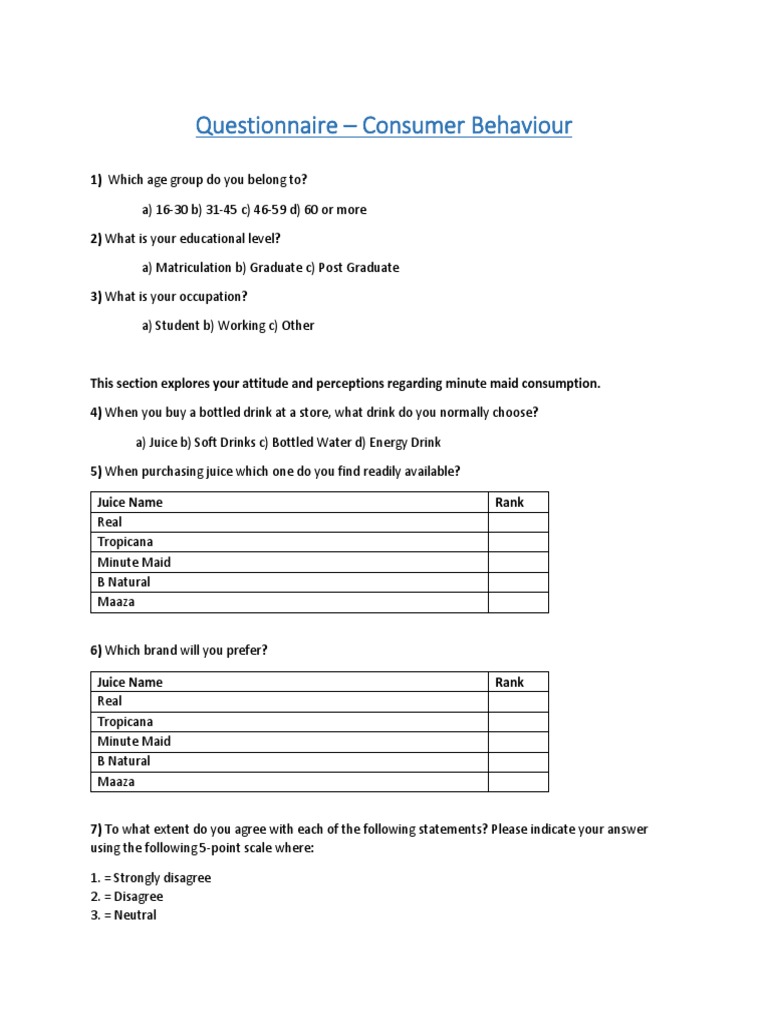 Questionnaire Consumer Behaviour PDF Drink Brand