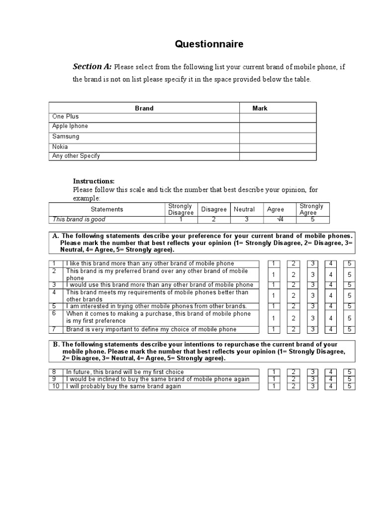 Questionnaire Brand Behavioural Sciences