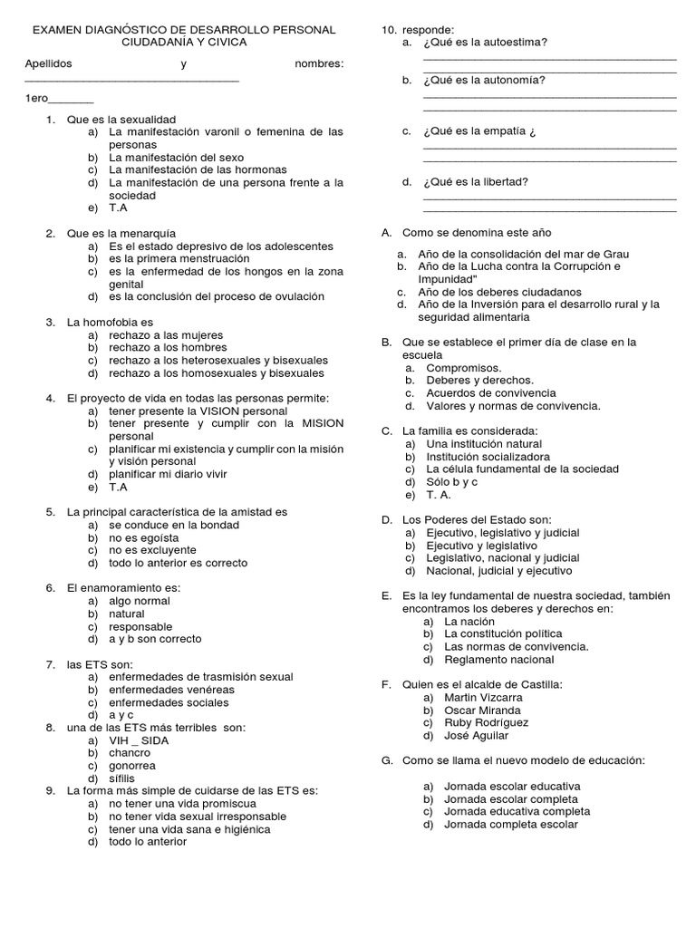 Examen de Desarrollo Personal y Ciudadanía | PDF | Bisexualidad ...
