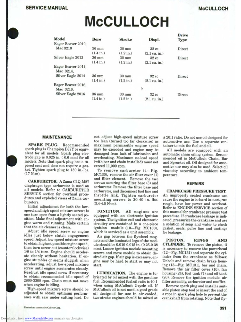 Mcculloch: Model Bore Stroke Displ Drive Type | PDF | Carburetor ...