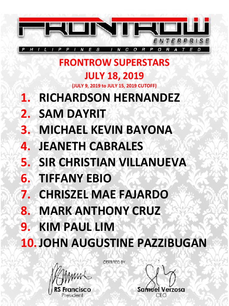 Frontrow Top 100 As of JULY 18 2019 | PDF