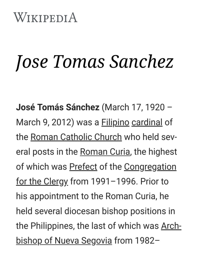 Cardinal José Tomás Sánchez Biography | PDF | Ecclesiastical Titles ...