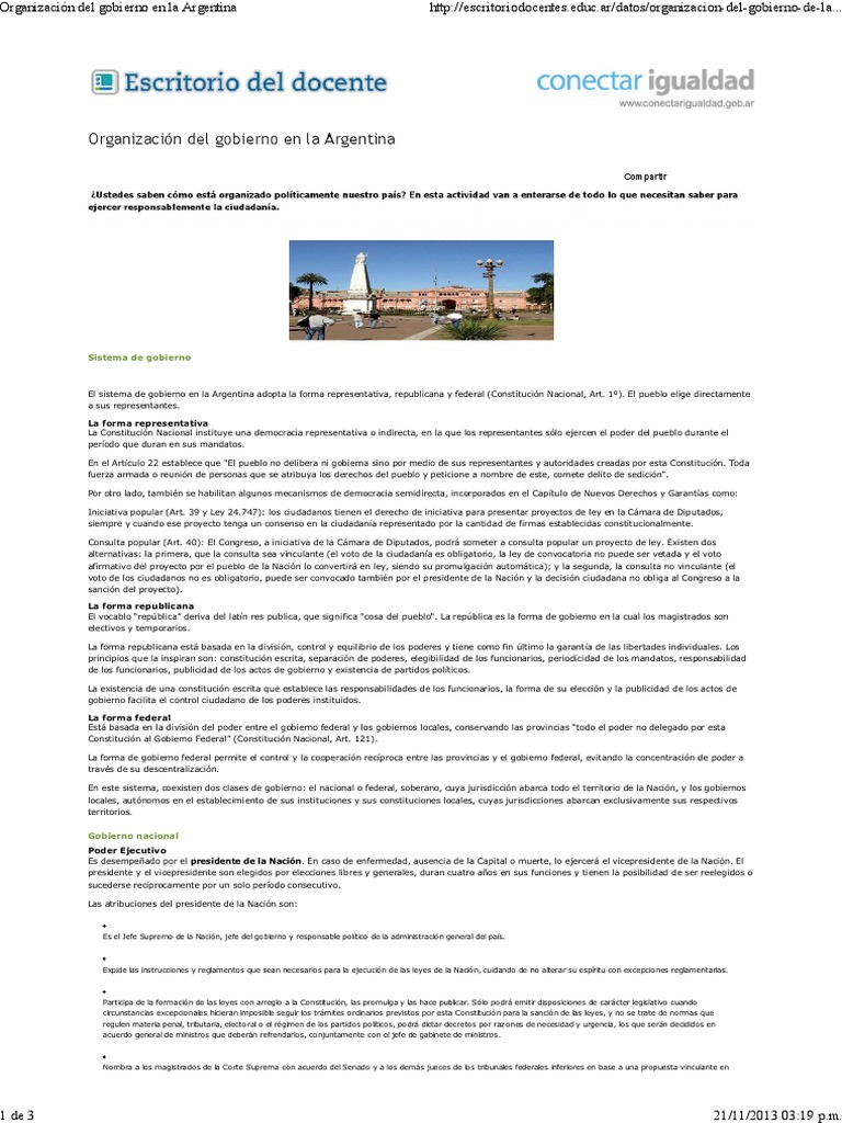 Organización Del Gobierno en La Argentina | PDF | Separación de poderes ...