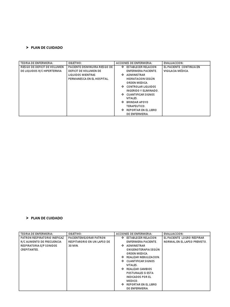 Plan de Cuidado para Pacientes Hospitalizados | PDF | Enfermería | Medicina