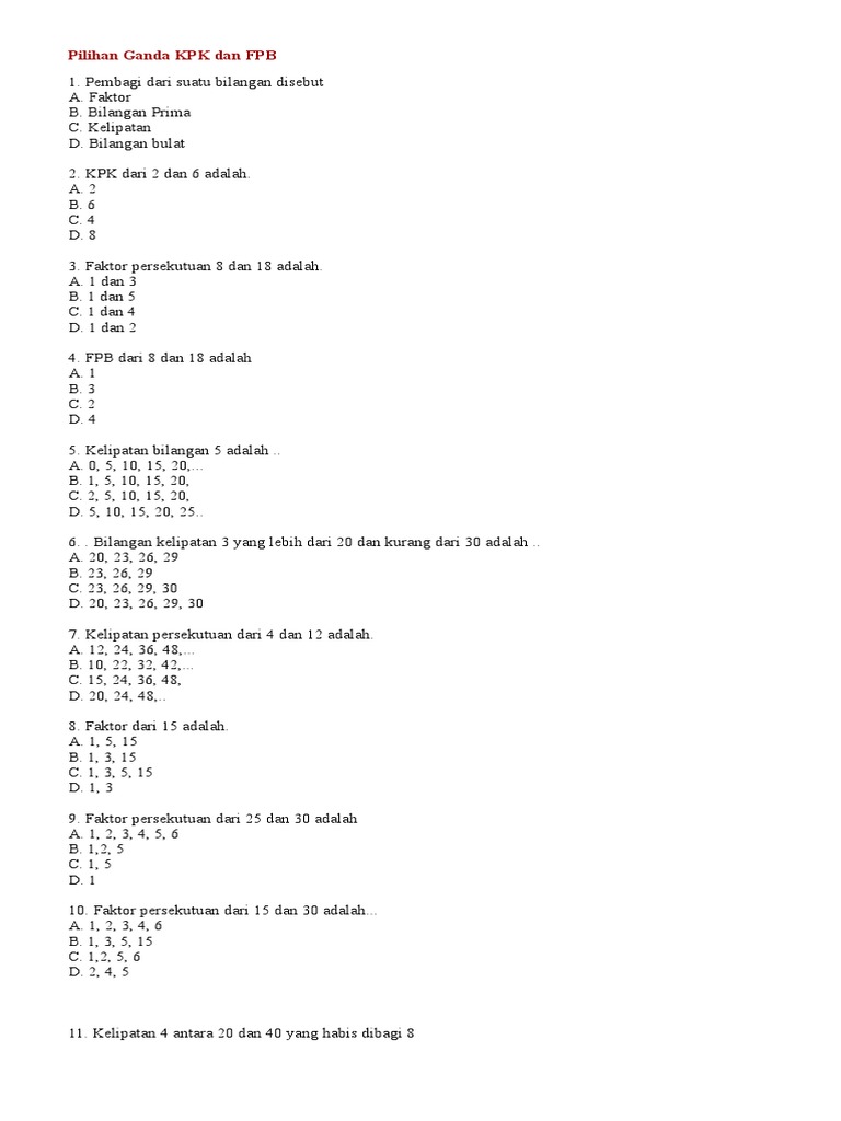 Pilihan Ganda Kpk Dan Fpb Doc
