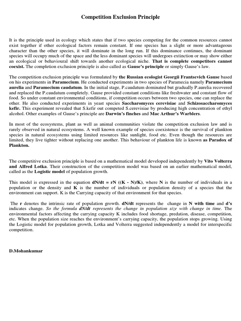 Competition Exclusion Principle PDF Ecological Restoration