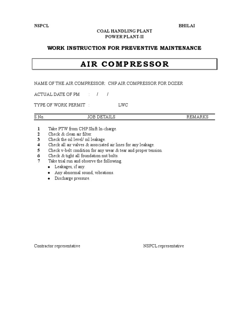 Air Compressor Work Instruction For Preventive Maintenance PDF