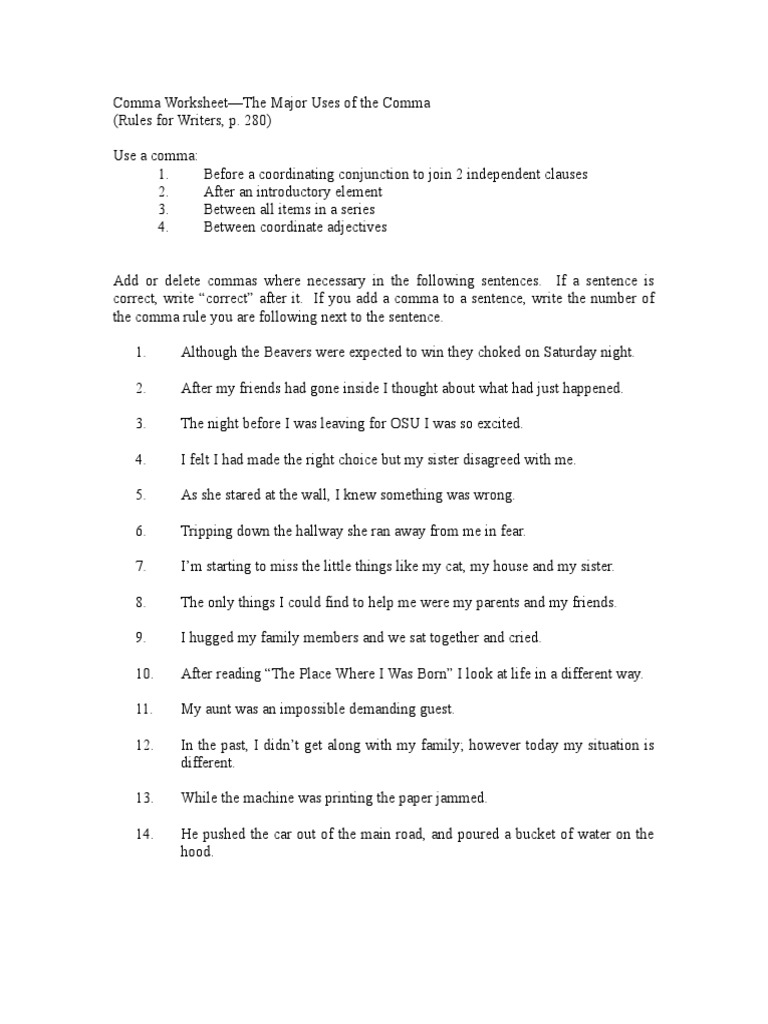 Comma Worksheet, Crystal Van Kooten  PDF Pertaining To Commas In A Series Worksheet