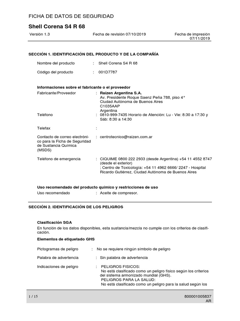Ficha de Seguridad Shell Corena S4 R 68 | PDF | Residuos | Guante