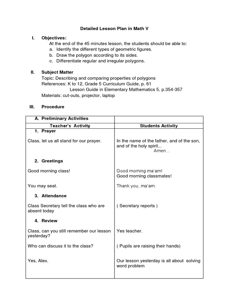 Grade 5 Polygons Lesson Plan | PDF | Polygon | Shape