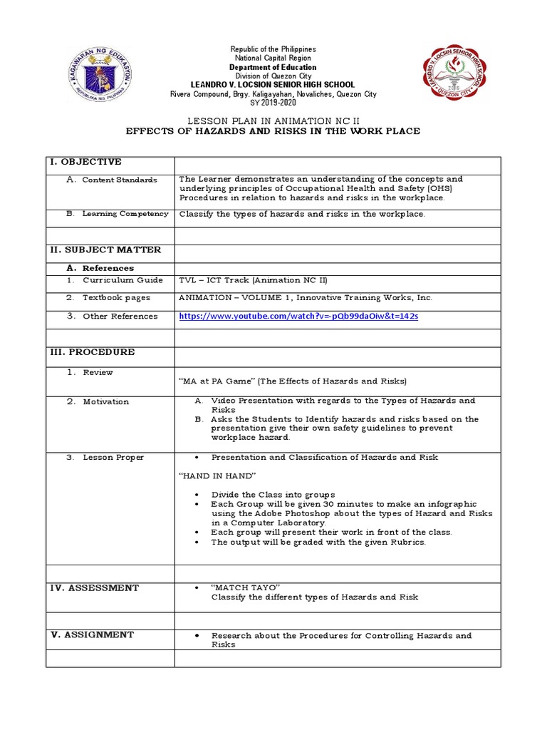 Lesson Plan Effects Of Hazards And Risks In The Work Place Pdf Risk