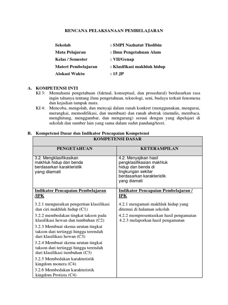 Rpp Kd 3 2 Klasifikasi Makhluk Hidup