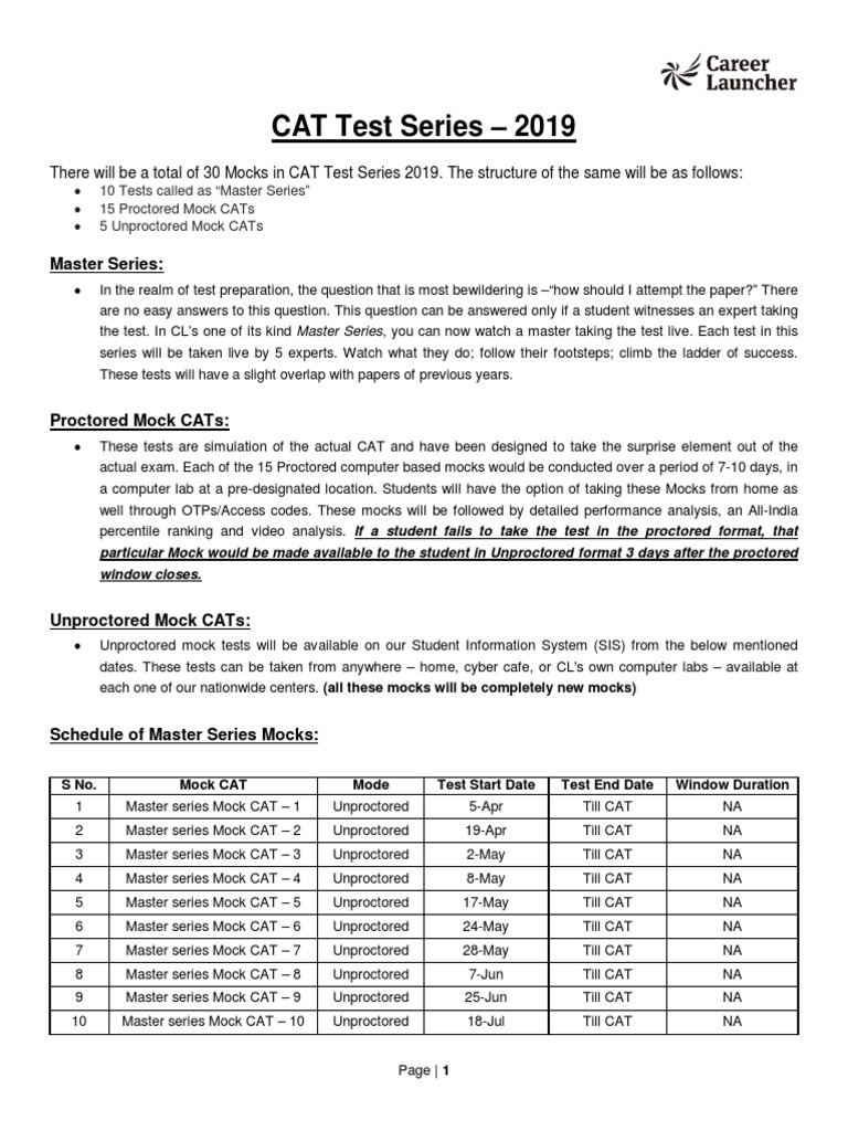 CAT Test Series 2019 Schedule V160819 PDF Test (Assessment