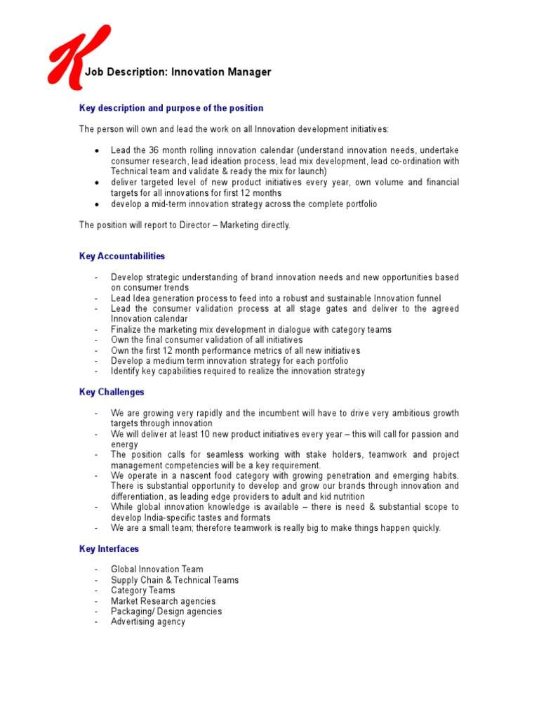 Job Description Innovation Manager - Kellogg India | PDF | Innovation ...