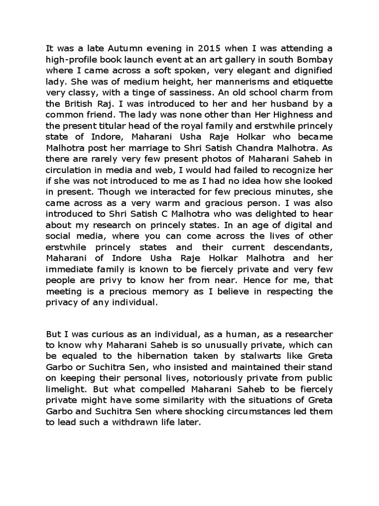 Usha Raje Holkar: Legacy of Indore's Royalty | PDF