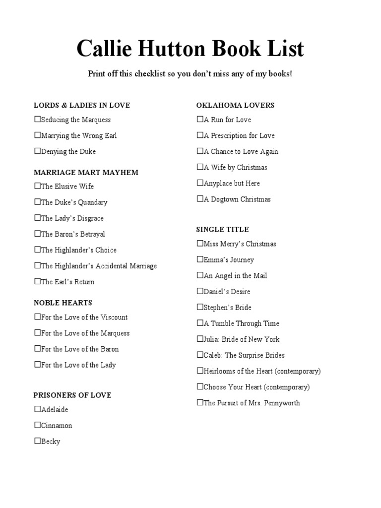Callie Hutton Book List Checklist | PDF