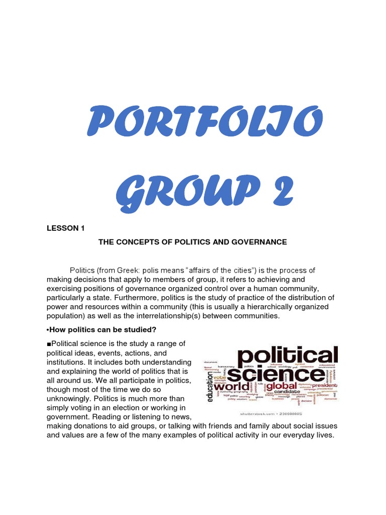Portfolio Group 2: Lesson 1 The Concepts of Politics and Governance ...