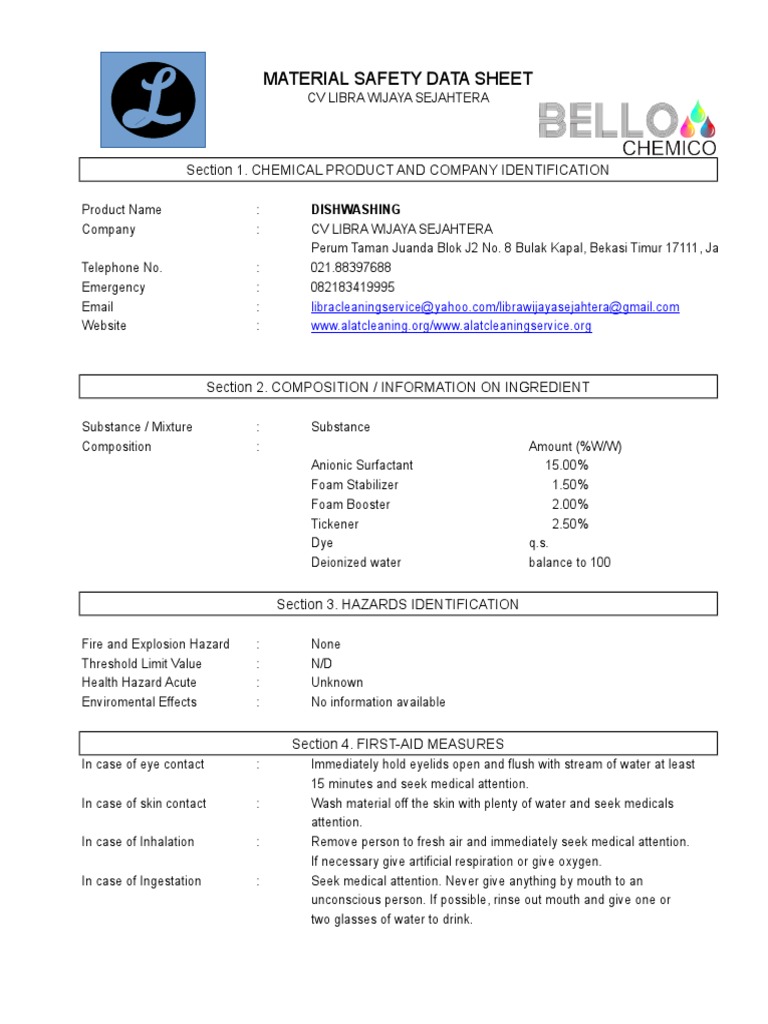 MSDS Dishwashing PDF Water Chemistry