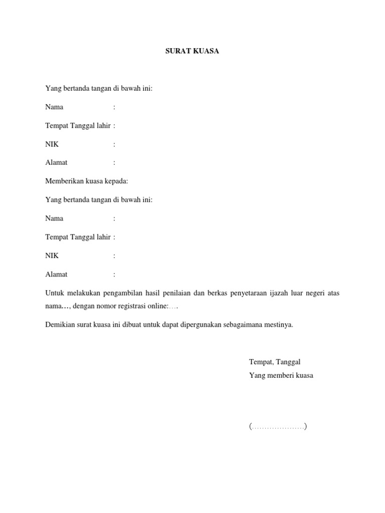 Contoh Surat Kuasa Pengambilan Sk Penyetaraan Ijazah