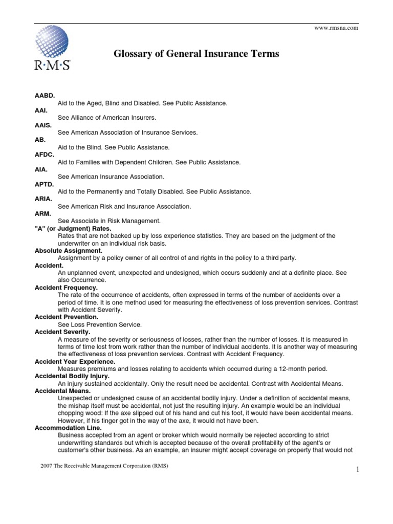 General Insurance Glossary PDF Underwriting Insurance