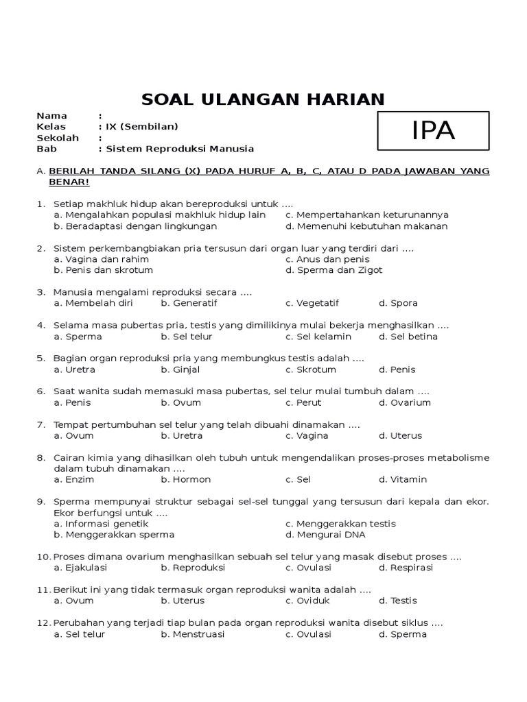 Soal Ipa Kelas 9 Smp Bab 2 Sistem Reproduksi Manusia Dan Kunci Jawaban