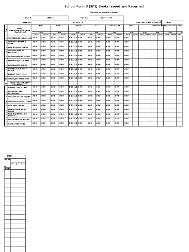 School Form 3 (SF3) Books Issued and Returned: School ID School Year | PDF