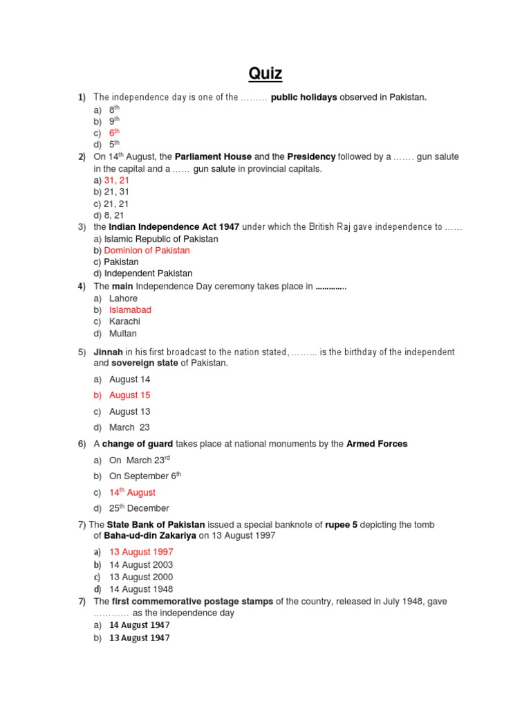 Independence Day Quiz | PDF