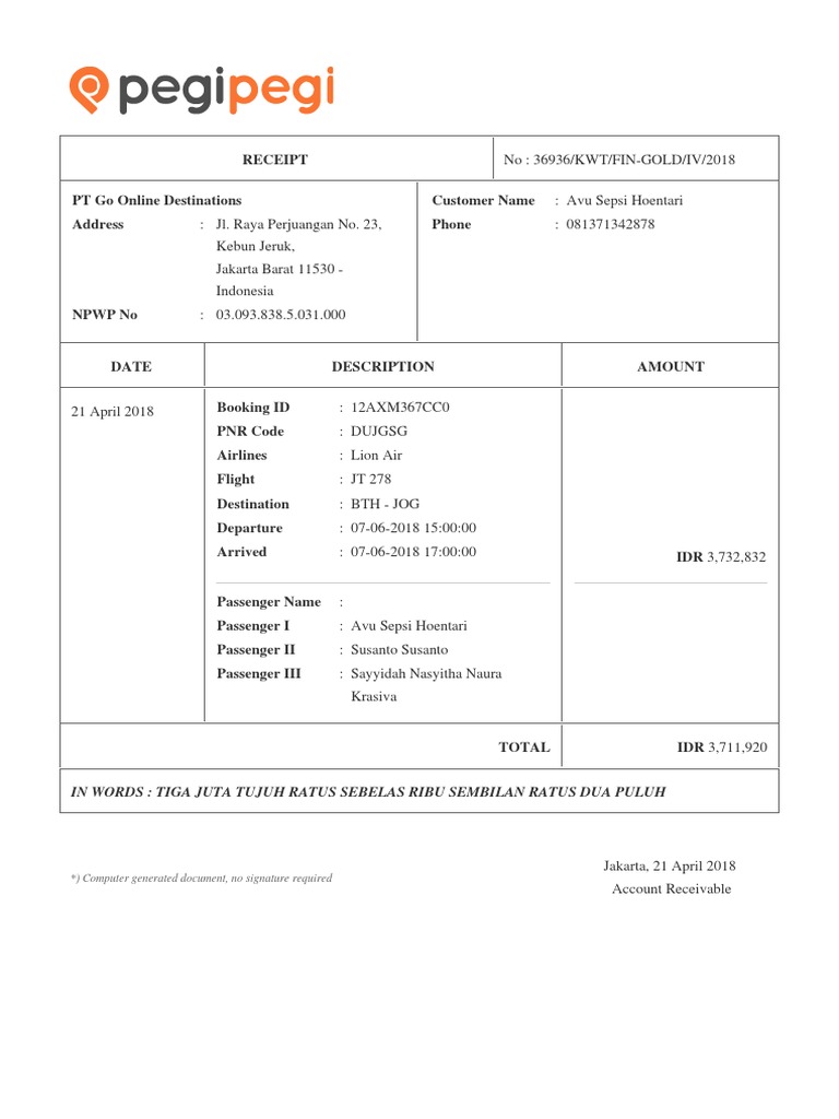 Receipt: in Words: Tiga Juta Tujuh Ratus Sebelas Ribu Sembilan Ratus ...