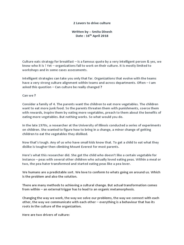 2 Levers To Drive Culture PDF Innovation Behavior