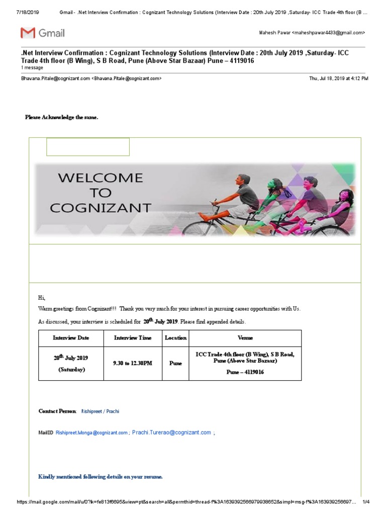 Gmail Net Interview Confirmation Cognizant Technology Solutions Interview Date 20th July 2019 Saturday Icc Trade 4th Floor B Wing S B Road Pune Above Star Bazaar Pune 4119016 Pdf