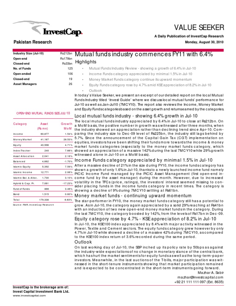 Value Seeker 30 August 10 | PDF | Closed End Fund | Mutual Funds