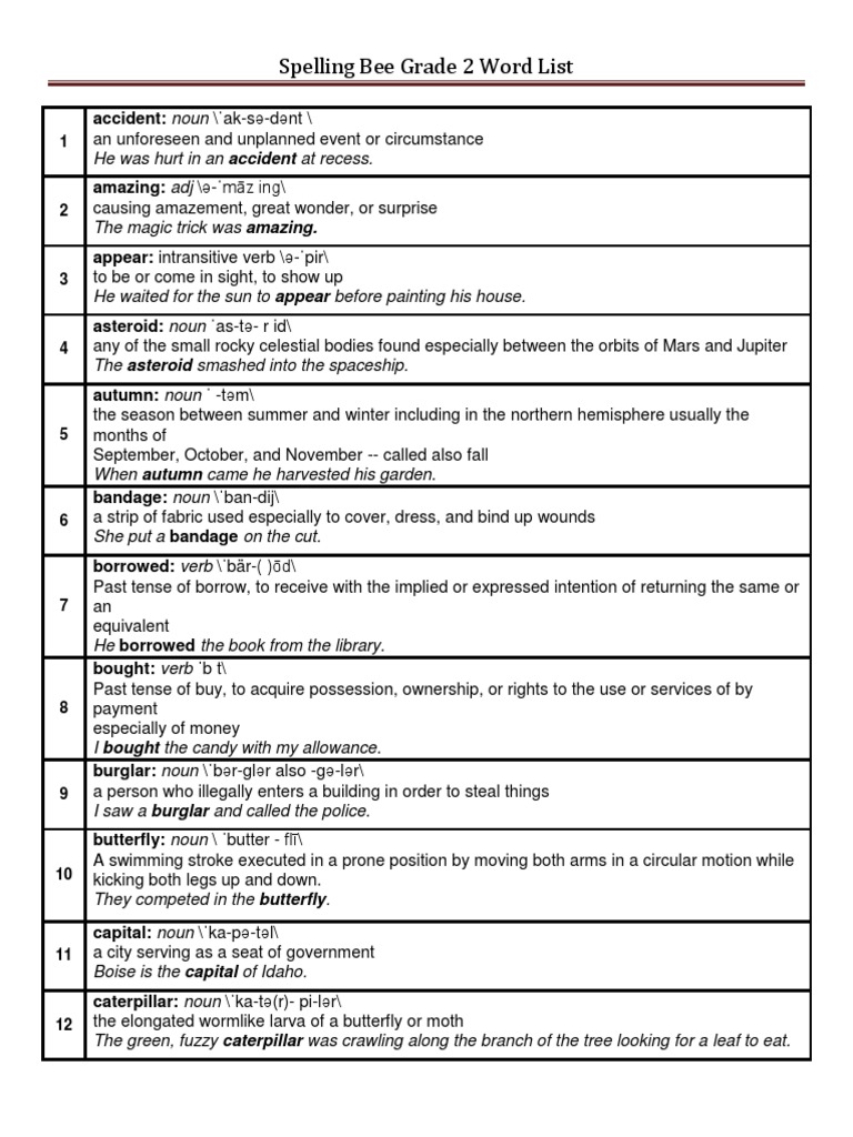 Grade 2 Spelling Bee Word List | PDF | Surgical Suture | Pinniped