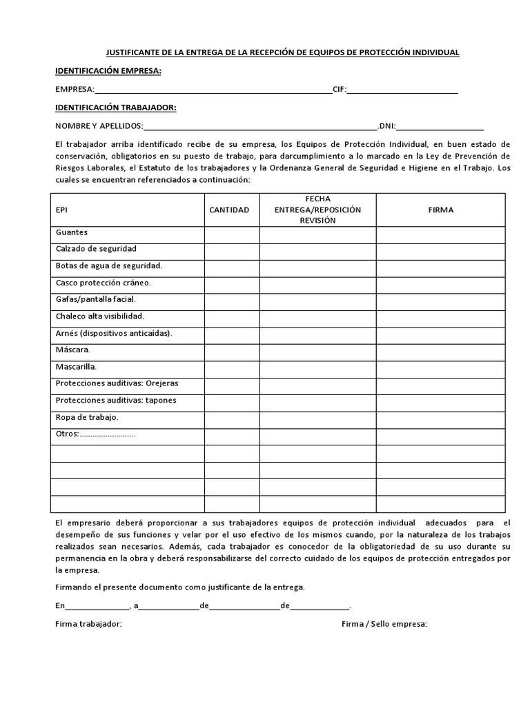 Ejemplo Entrega de Epis