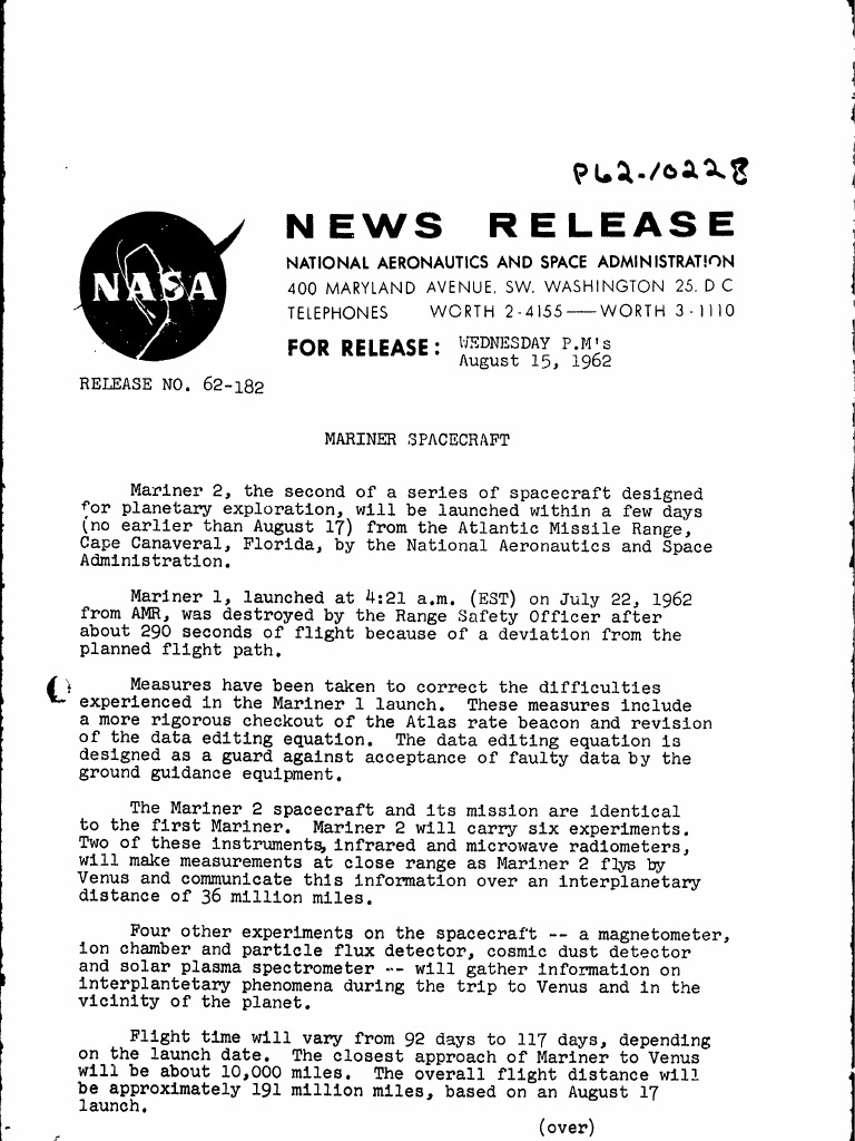 Mariner 2 Spacecraft Launch Announcement | PDF | Mariner Program ...