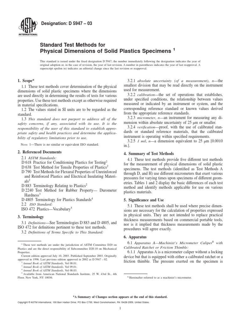 Astm d5947 06 standard test methods for physical dimensions of solid